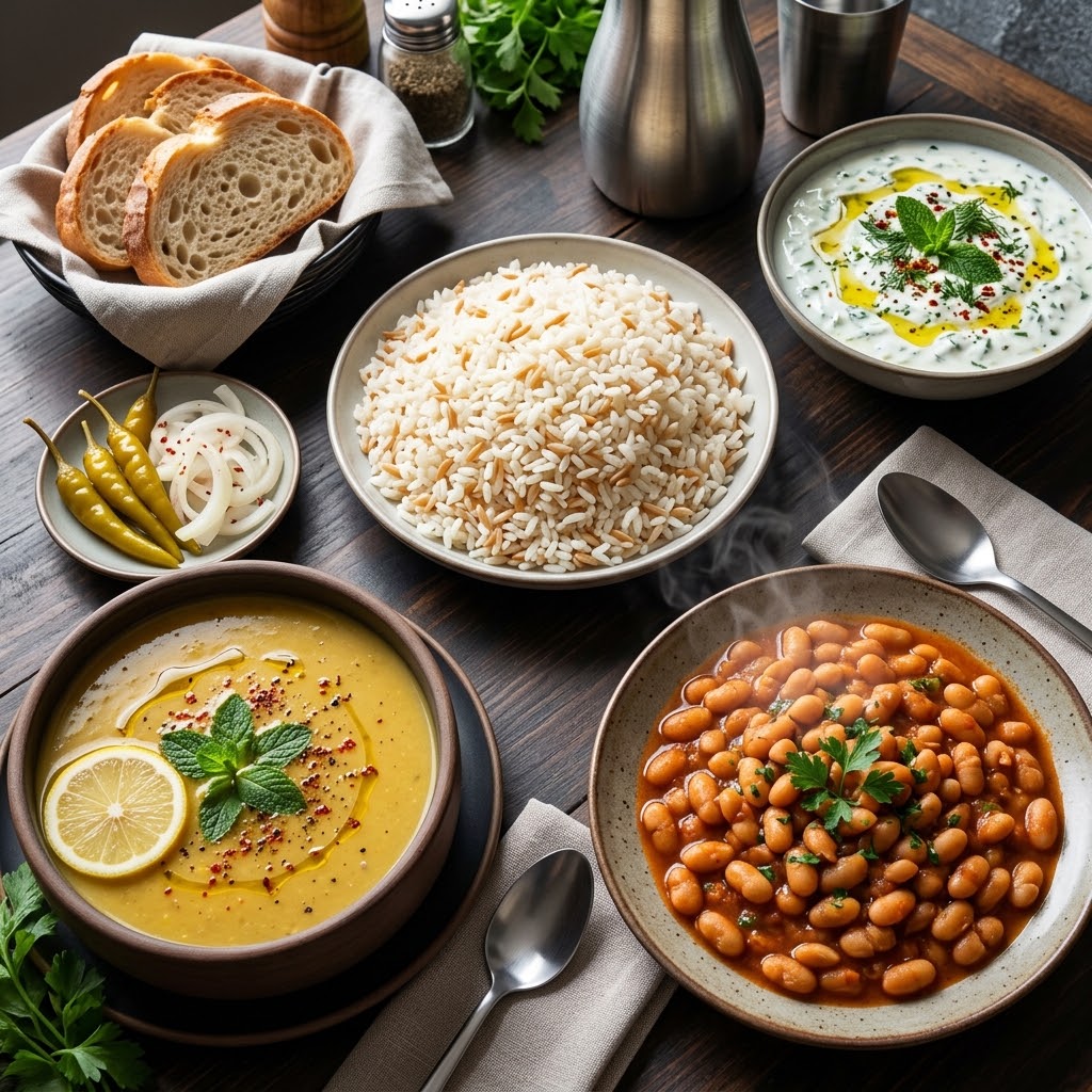 Süzme Mercimek, Etli Kuru Fasulye, Tereyağlı Pilav, Cacık, Çoban Salatası, İrmik Helvası