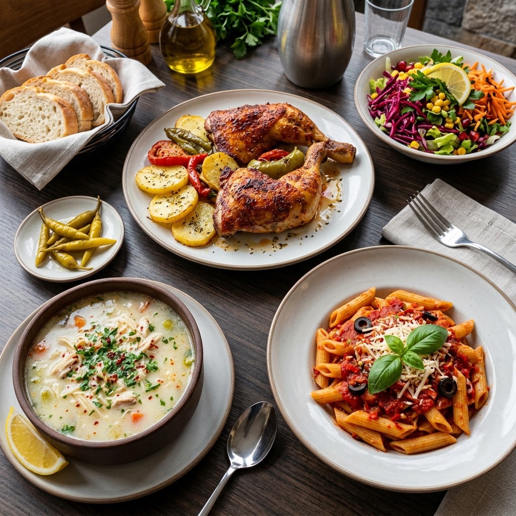 Plechka Supa, Arabiata Soslu Penne, Fırında But (Tavuk), Mevsim Salata